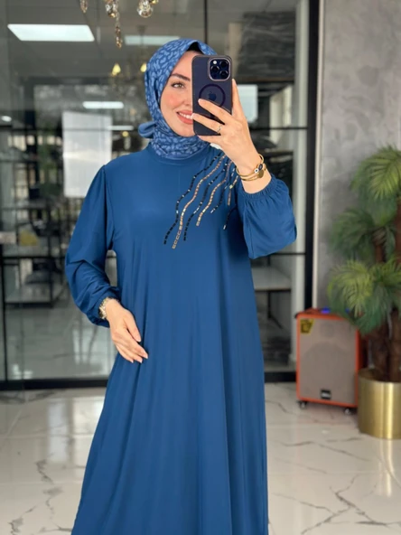 Serpil Elbise-İndigo mavi indigo - Resim 5