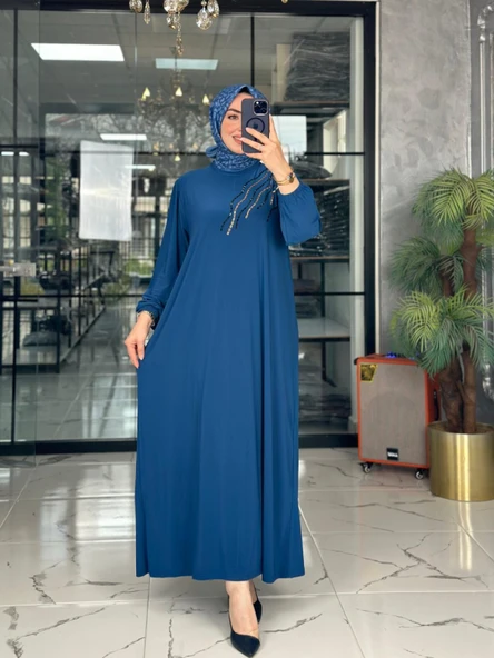 Serpil Elbise-İndigo mavi indigo - Resim 3