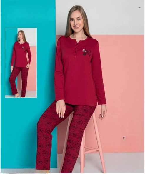 Senfoni Kadın Viskon Penye Düğme Yaka Uzun Kol Pijama Takımı 10383 -1 Adet  XL Kırmızı