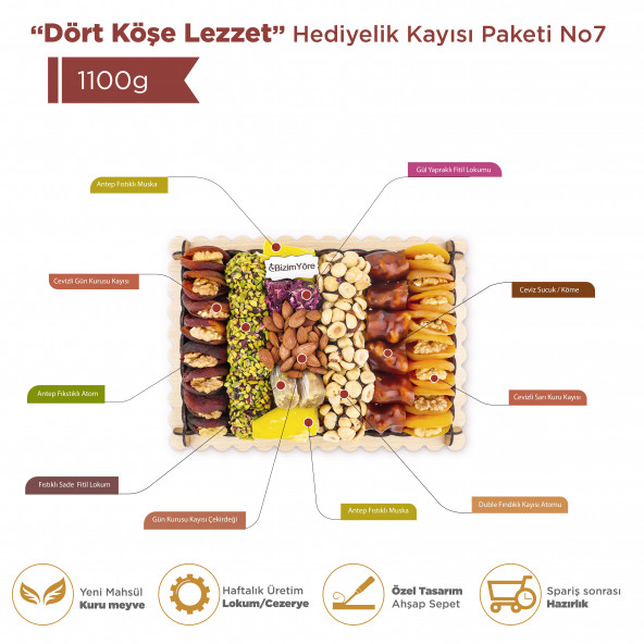 ''Dört Köşe Lezzet'' Hediyelik Kayısı Kuru Meyve Lokum Draje Sepeti 1,1 kg No 7 - 2