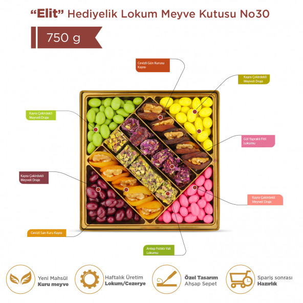 "Elit" Hediyelik Çikolata Lokum Kuru Meyve Şekerleme Kutusu Lüx 0,75 kg No 30 - 3