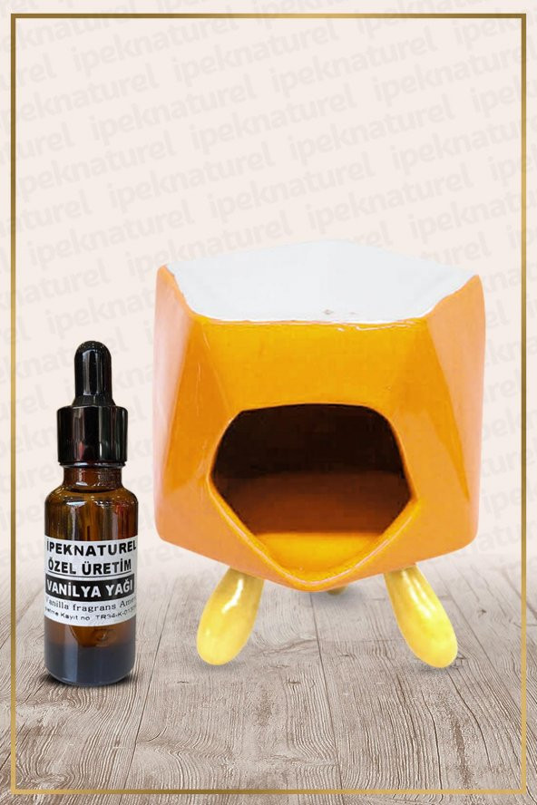 Bambu Ayaklı Turuncu Seramik Buhurdanlık & Özel Üretim Vanilya Yağı Setli