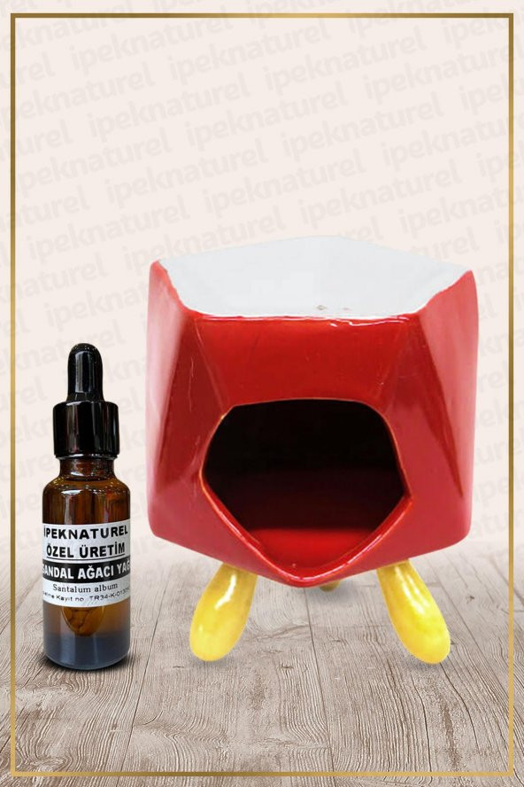 Bambu Ayaklı Kırmızı Seramik Buhurdanlık & Özel Üretim Sandal Yağı Setli