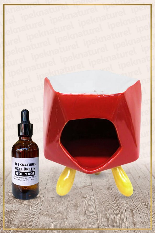 Bambu Ayaklı Kırmızı Seramik Buhurdanlık & Özel Üretim Gül Yağı Setli