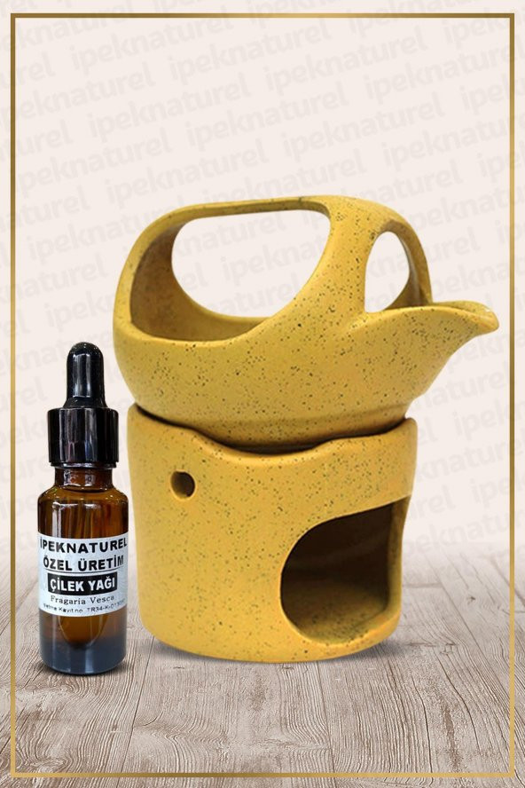 İbrik Temalı Sarı Seramik Buhurdanlık & Özel Üretim Çilek Yağı Setli