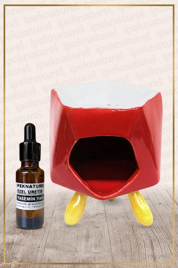 Bambu Ayaklı Kırmızı Seramik Buhurdanlık & Özel Üretim Yasemin Yağı Setli