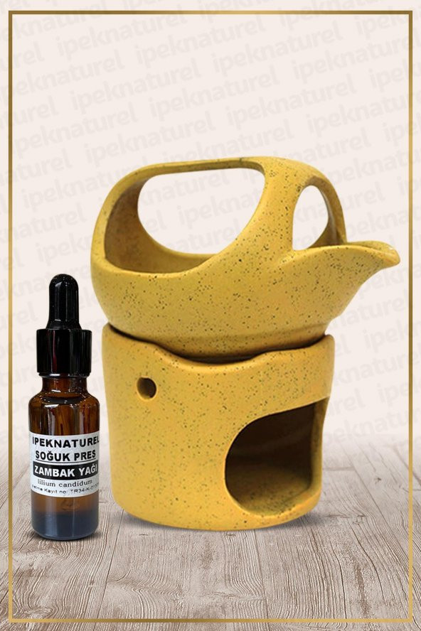 İbrik Temalı Sarı Seramik Buhurdanlık & Özel Üretim Zambak Yağı Setli