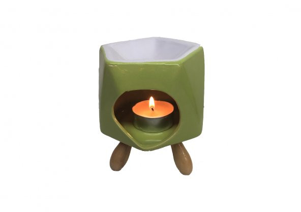 Bambu Ayaklı Yeşil Seramik Buhurdanlık & Özel Üretim Zambak Yağı - 2