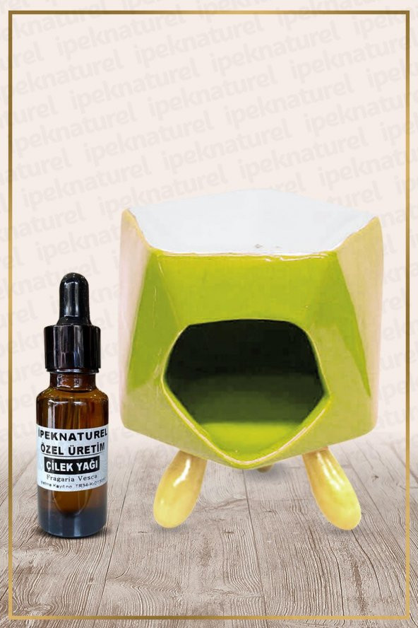 Bambu Ayaklı Yeşil Seramik Buhurdanlık & Özel Üretim Çilek Yağı Setli