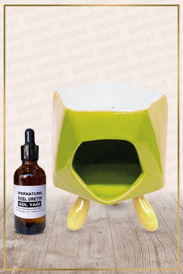 Bambu Ayaklı Yeşil Seramik Buhurdanlık & Özel Üretim Gül Yağı Setli