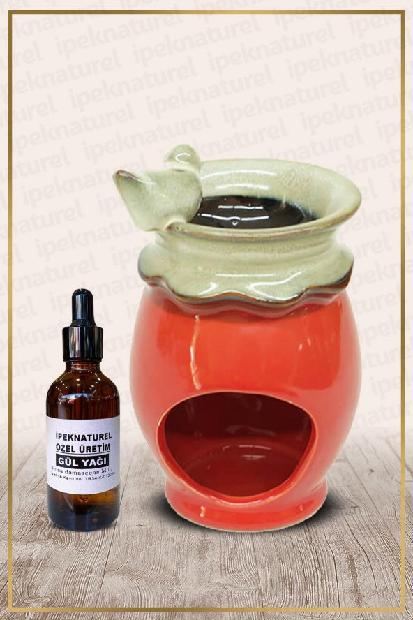 Kuş Temalı Kırmızı Seramik Buhurdanlık & Özel Üretim Gül Yağı Setli