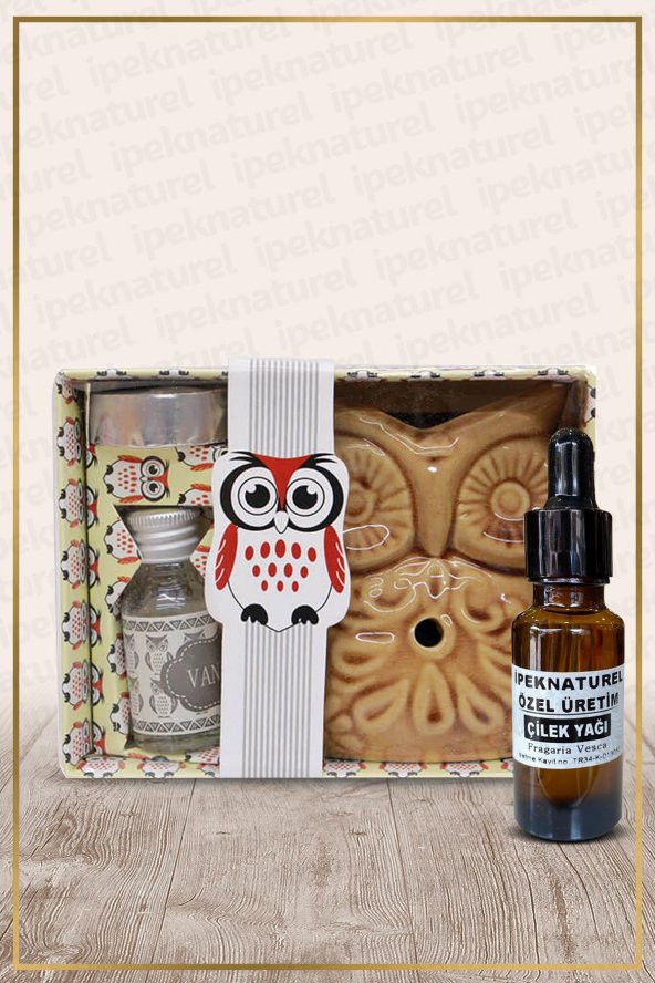 Baykuş Temalı Kahve Seramik Buhurdanlık & Özel Üretim Çilek Yağı Setli