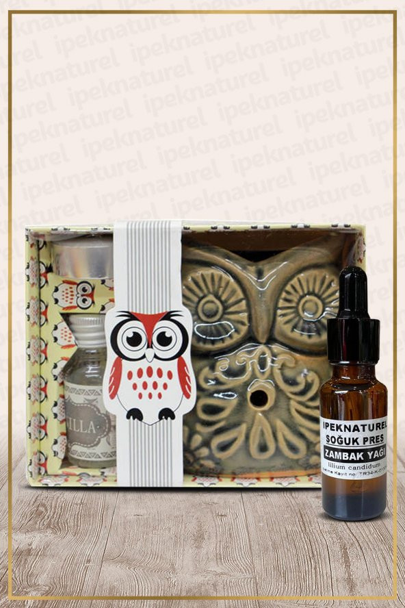 Baykuş Temalı Yeşil Seramik Buhurdanlık & Özel Üretim Zambak Yağı Setli