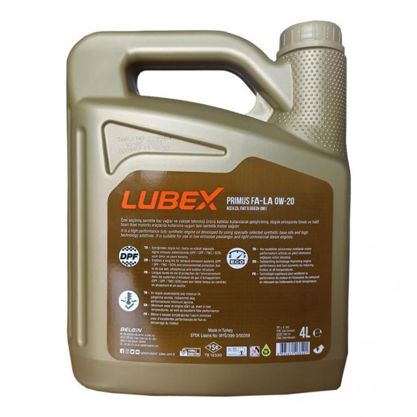Lubex Primus FA-LA 0W-20 4 Lt Partiküllü Fiat Onaylı Motor Yağı (4 Adet) - Resim 4