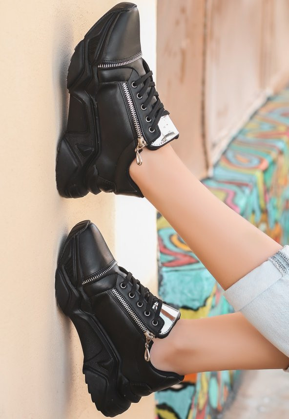 Uron Siyah Cilt Bağcıklı Spor Ayakkabı - Resim 2