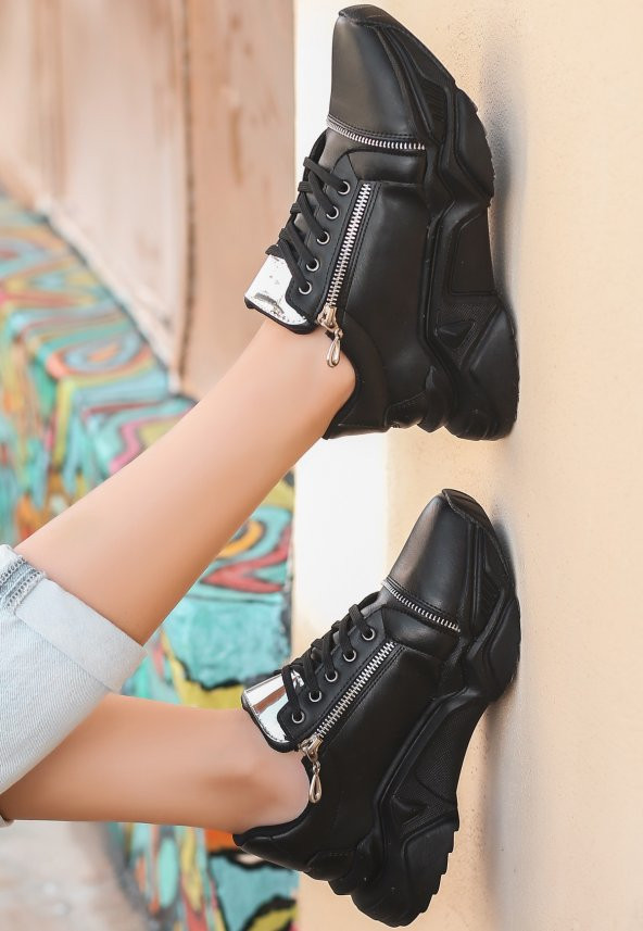 Uron Siyah Cilt Bağcıklı Spor Ayakkabı - Resim 4