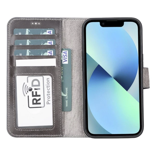 Apple iPhone 13 Pro Uyumlu Deri Cüzdanlı Kılıf MWWN TN1 Gri - 3