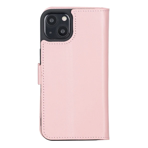 Apple iPhone 13 Uyumlu Deri Cüzdanlı Kılıf Toz Pembe - 3