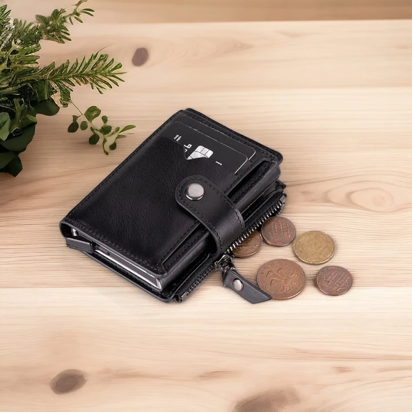 Rodos Hakiki Deri, El Yapımı, Pop-Up Kartlık Cüzdan, Parlak Siyah - 4