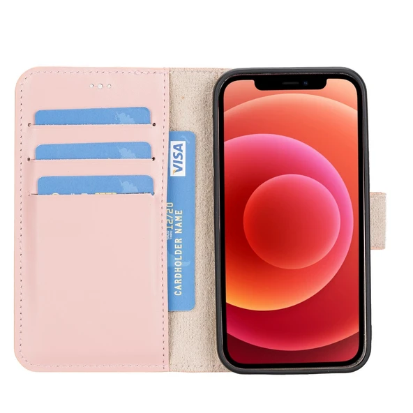 Apple iPhone 12 mini Uyumlu Deri Cüzdanlı Kılıf NU2 Pembe - 3