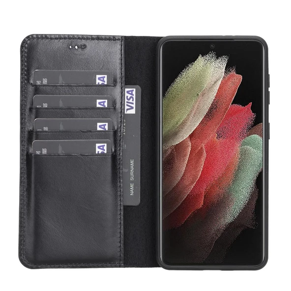 Samsung Galaxy S21 Plus Uyumlu Deri Cüzdanlı Kılıf RST1 Siyah - 3