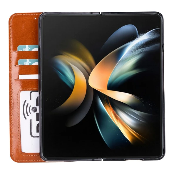Samsung Galaxy Z Fold5 Uyumlu Deri Cüzdanlı Kılıf Efektli Taba - 5
