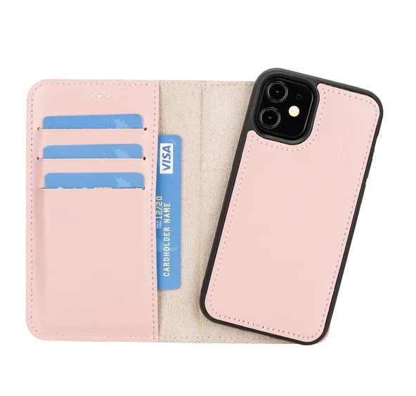 Apple iPhone 12 mini Uyumlu Deri Cüzdanlı Kılıf NU2 Pembe - 2