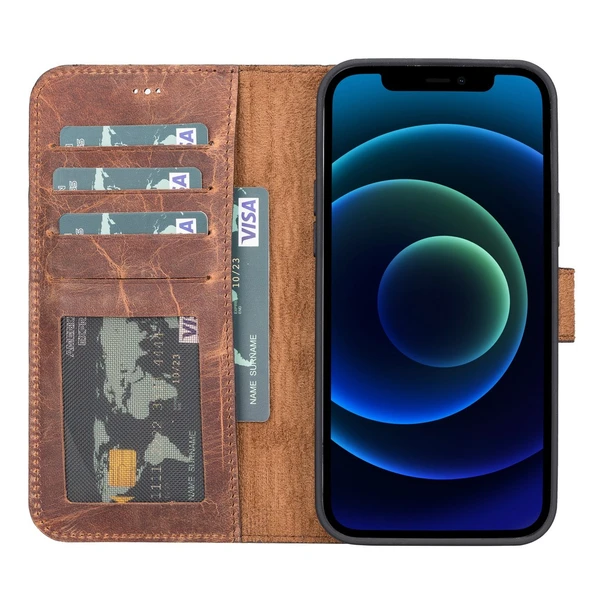 Apple iPhone 12 Pro Max Uyumlu Deri Cüzdanlı Kılıf Antik Kahve - 2