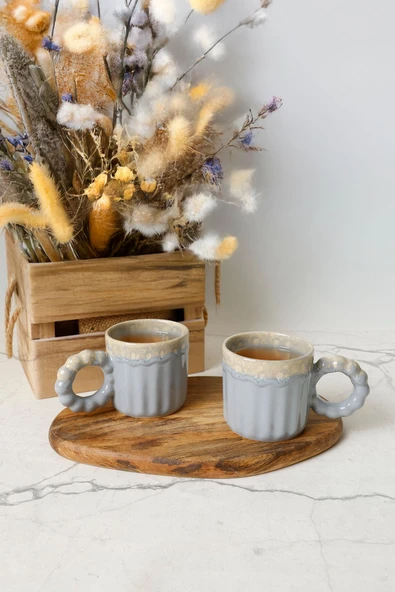 Keramika Shizen Gri İnci Kulplu Senta Kupa 8 Cm 2 Adet 613 - 3