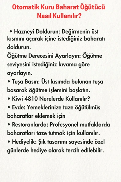 Kiwi Pilli Seramik Otomatik Ayarlanabilir Tuz Karabiber Değirmeni Kuru Baharat Öğütücü (HEDİYELİK) - 6