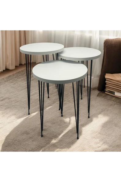 ADIM EBATLAMA Zigon Sehpa 3'lü Yuvarlak Model Metal Tel Ayak (BEYAZ) 30 ÇAP - 2