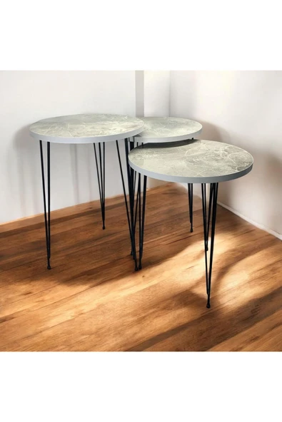 ADIM EBATLAMA Zigon Sehpa 3'lü Yuvarlak Model Metal Tel Ayak (BEYAZ FÜME) - Resim 3