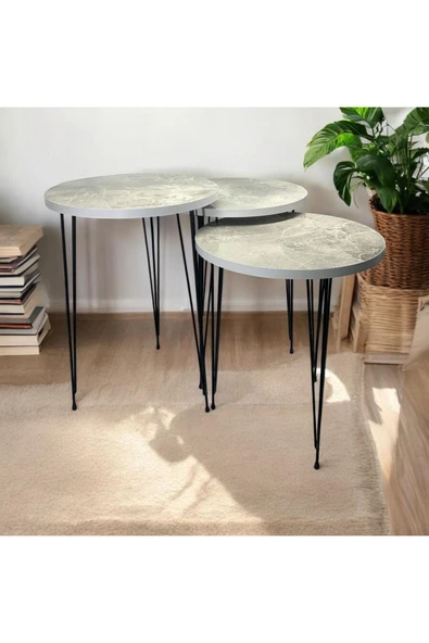 ADIM EBATLAMA Zigon Sehpa 3'lü Yuvarlak Model Metal Tel Ayak (BEYAZ FÜME) - Resim 2