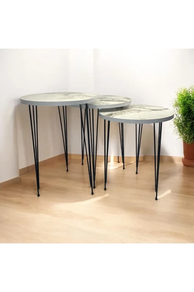 ADIM EBATLAMA Zigon Sehpa 3'lü Yuvarlak Model Metal Tel Ayak (BEYAZ MERMER) - Resim 3