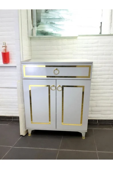 ADIM EBATLAMA Çok Amaçlı Dolap, Çekmeceli,2 Kapaklı, Mutfak Dolabı, Kahve Köşesi Beyaz, altın 100 CM