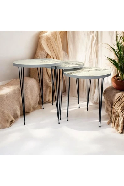 ADIM EBATLAMA Zigon Sehpa 3'lü Yuvarlak Model Metal Tel Ayak (BEYAZ MERMER) - Resim 2
