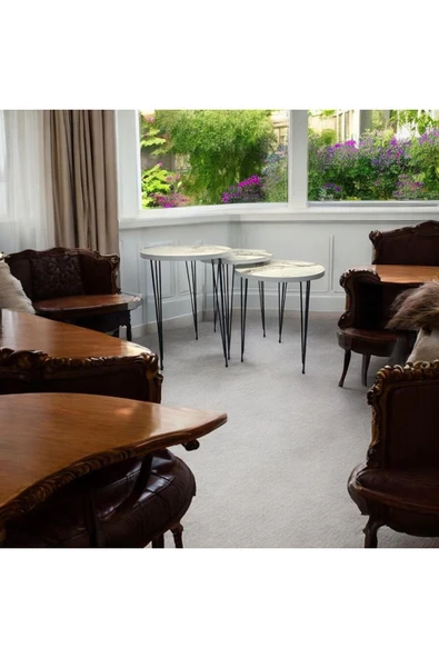 ADIM EBATLAMA Zigon Sehpa 3'lü Yuvarlak Model Metal Tel Ayak (BEYAZ MERMER) - Resim 4