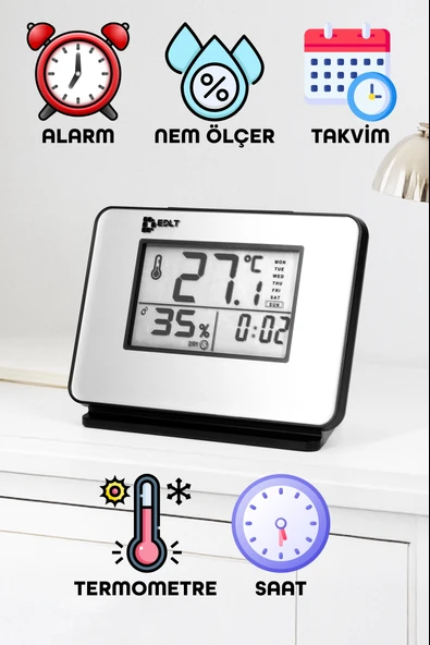 5 Fonksiyonlu Dijital Bebek Nem Ölçer Saat Takvim Alarm Termometre Masa Saati Alarmlı 1601