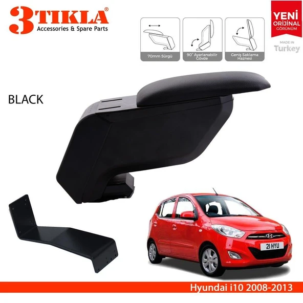 Hyundai i10 2008-2013 Delmesiz Çelik Ayaklı Siyah Kolçak Kol Dayama