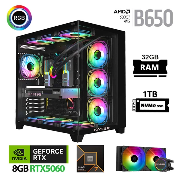 Xaser Lexus x630 Ryzen 7 7700 32GB Ram 1TB M.2 NVMe SSD 8GB RTX5060 Sıvı Soğutmalı Oyuncu Bilgisayarı ürün görseli