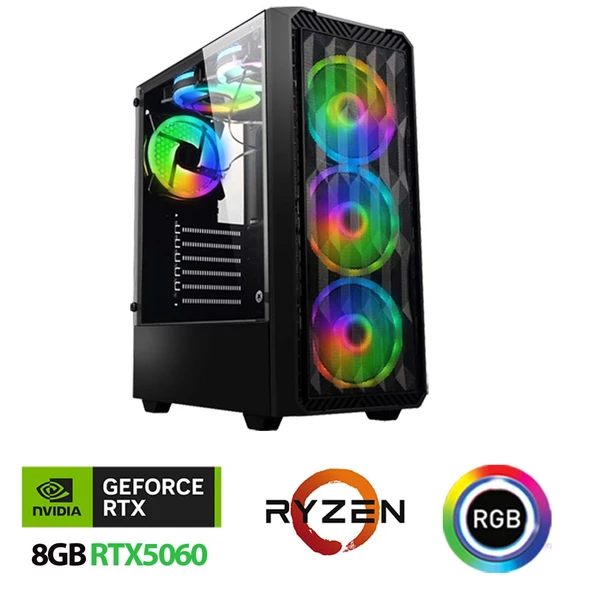 Xaser Xsr1152 Ryzen 5 7500F 32GB DDR5 Ram 2TB M.2 NVMe SSD 8GB RTX5060 Oyuncu Masaüstü Bilgisayarı