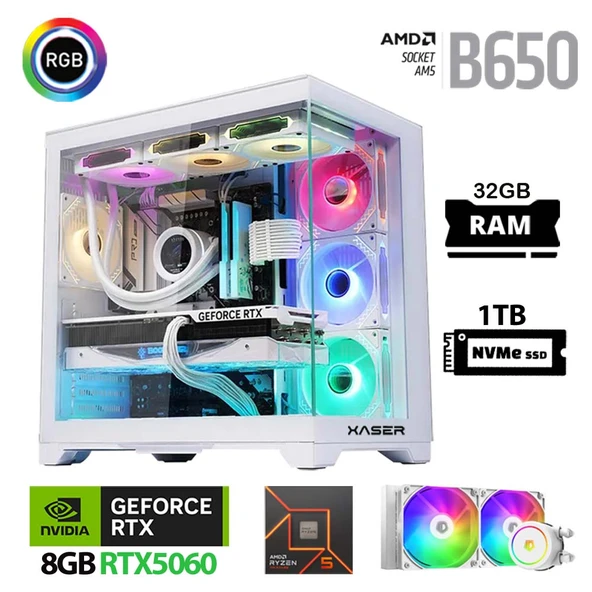 Xaser Lexus x570 Ryzen 5 7500F 32GB Ram 1TB M.2 NVMe SSD 8GB RTX5060 Sıvı Soğutmalı Beyaz Oyuncu Bilgisayarı ürün görseli