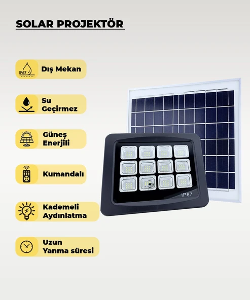 160W  Solar Projektör IP67 Beyaz Işık (Su Geçirmez - Dış Mekan)