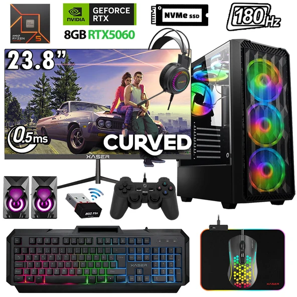 Xaser Xsr1153 Ryzen 5 7500F 32GB DDR5 Ram 1TB M.2 NVMe SSD 8GB RTX5060 23.8" 180Hz Oyuncu Bilgisayarı ürün görseli
