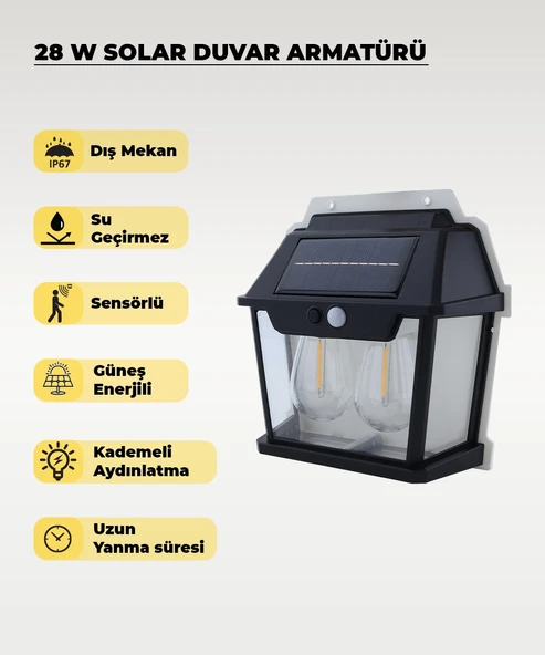 28W Dekoratif Çift Ampullü Solar Aplik 3200K Sarı Işık