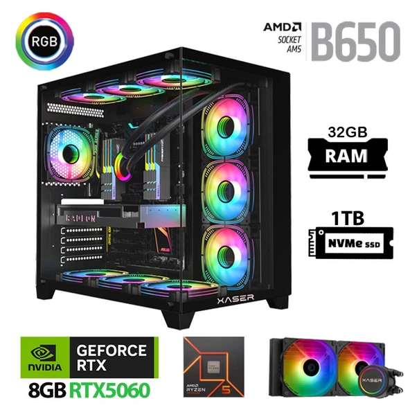 Xaser Lexus x620 Ryzen 5 7500F 32GB Ram 1TB M.2 NVMe SSD 8GB RTX5060 Sıvı Soğutmalı Oyuncu Bilgisayarı