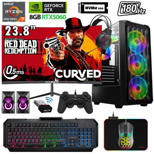 Xaser Xsr1142 Ryzen 7 5700X 32GB Ram 2TB M.2 NVMe SSD 8GB RTX5060 23.8" 180Hz Oyuncu Bilgisayarı ürün görseli