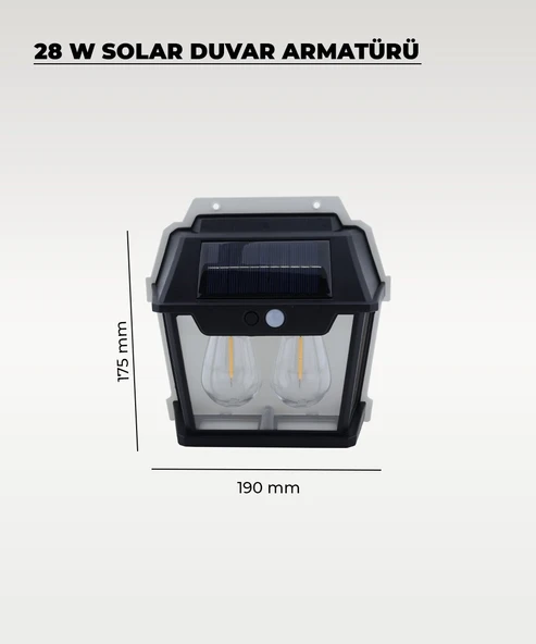 28W Dekoratif Çift Ampullü Solar Aplik 3200K Sarı Işık - 3