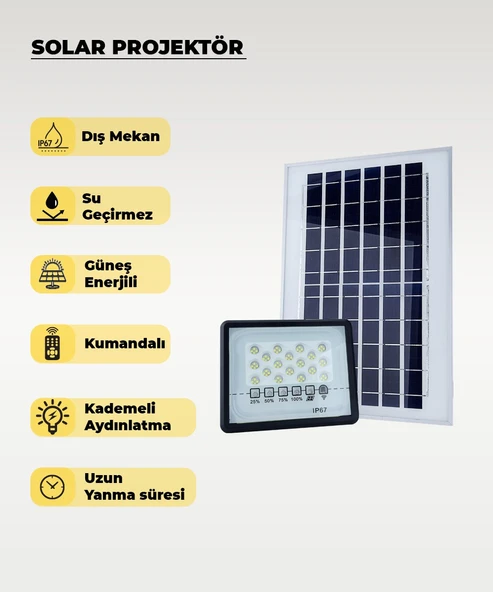 60W  Solar Projektör IP67 Beyaz Işık (Su Geçirmez - Dış Mekan)