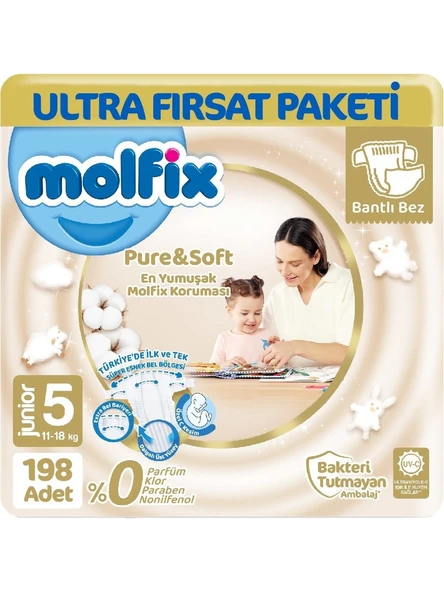 Molfix Pure&Soft 5 Beden Junior 198'li Bebek Bezi ürün görseli